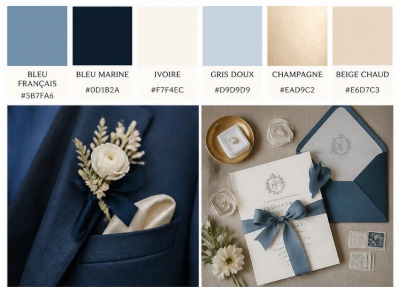 Our wedding palette — French blue, navy, ivory, soft grey, champagne, and warm beige